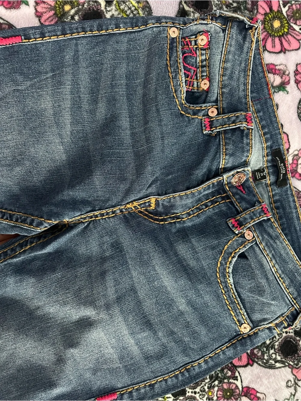 True Religion Dark Blue Skinny Jeans with Pink Stitching